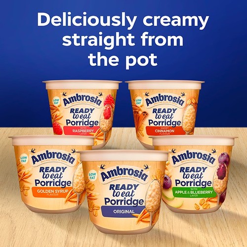 Ambrosia Ready to Eat Porridge Oat Cereal Pot Apple & Blueberry Layer  210g