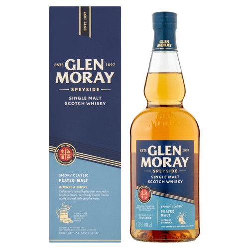 Glen Moray peaty single malt scotch whisky