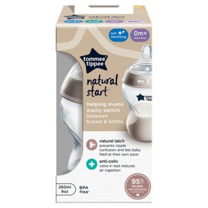 Tommee Tippee Baby Bottles, Natural Start Anti-Colic Baby Bottle, Slow Flow, 260ml, 0m+,Pack of 1