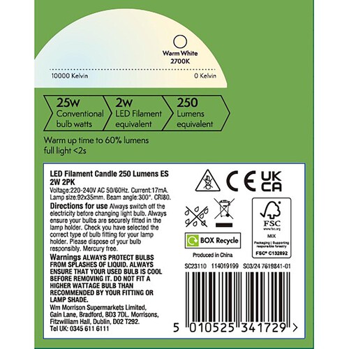 Morrisons LED Filament Candle 250 Lumens Es 2W 