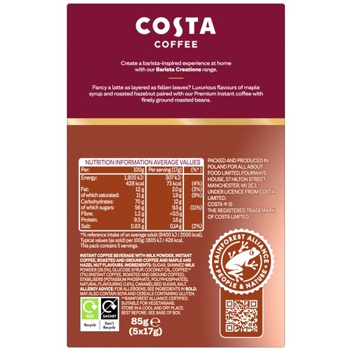 Costa Maple Hazel Latte Sachets 5 Pack