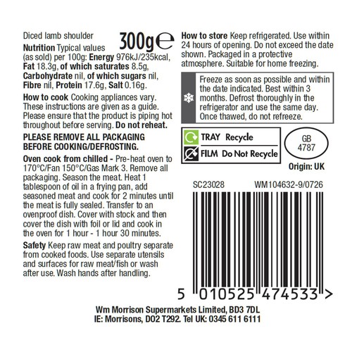 Morrisons Diced Lamb Shoulder 300g