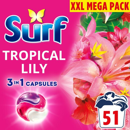 Surf 3 in 1 Laundry Washing Detergent Capsules Tropical Lily 51 Washes