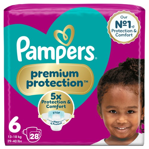Pampers Premium Protection Size 6, 28 Nappies, 13kg+, Essential Pack