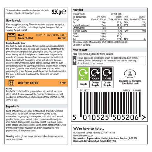 Morrisons Slow Cooked Lamb Shoulder Joint with Minted Gravy  920g