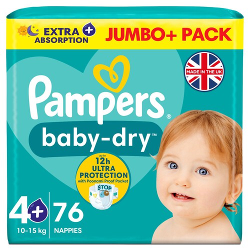 Pampers Baby-Dry Size 4+, 76 Nappies, 10kg-15kg, Jumbo+ Pack