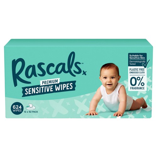 Rascals 52 Sensitive Biodegradable Wipes 