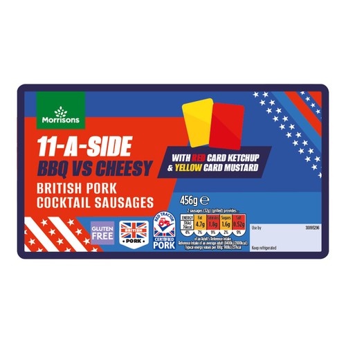 Morrisons 11-A-Side Mini Sausages With Red & Yellow Card Sauces 456g