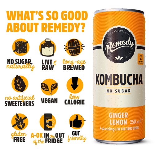 Remedy Ginger Lemon Kombucha Cans   4 x 330ml