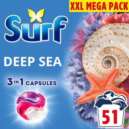 Surf 3 in 1 Laundry Washing Detergent Capsules Deep Sea 51 Washes