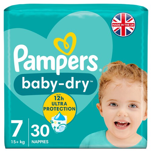 Pampers Baby-Dry Size 7, 30 Nappies, 15kg+, Essential Pack