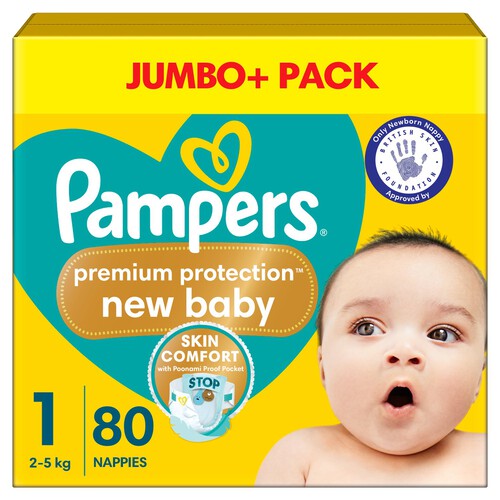 Pampers Premium Protection New Baby Size 1, 80 Nappies Jumbo+ Pack