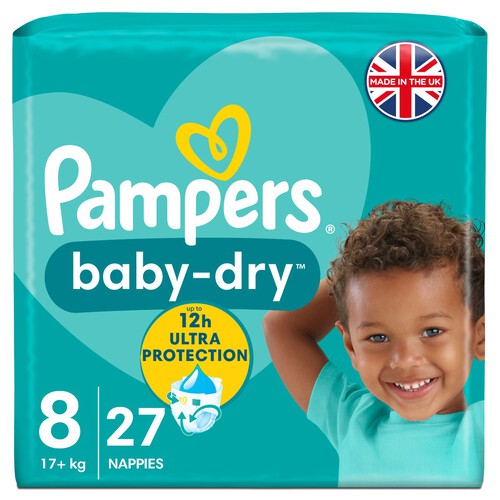 Pampers Baby-Dry Size 8, 27 Nappies, 17kg+, Essential Pack