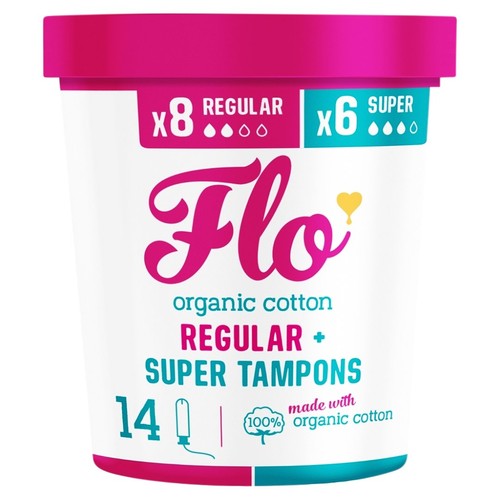 Flo Organic Cotton Applicator Tampons Pack 8 Regular 6 Super Tampons