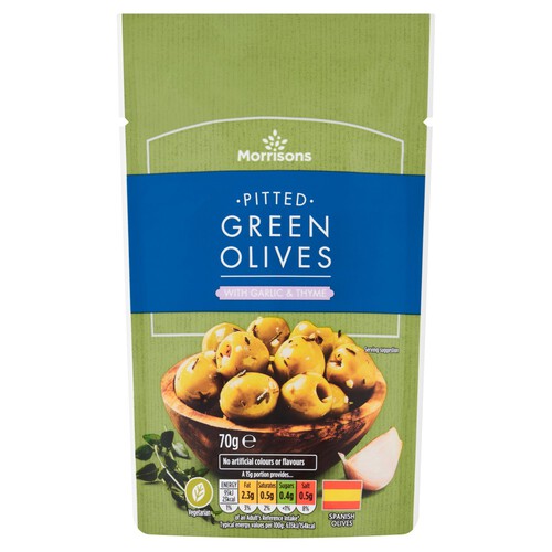 Morrisons Pitted Green Olives With Garlic & Thyme (70g)