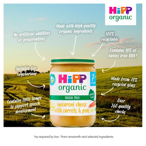 Hipp Organic Macaroni Cheese With Carrot & Peas Baby Food Jar 7M+ 