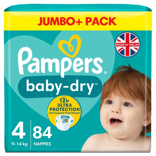 Pampers Baby-Dry Size 4, 84 Nappies, 9kg-14kg, Jumbo+ Pack