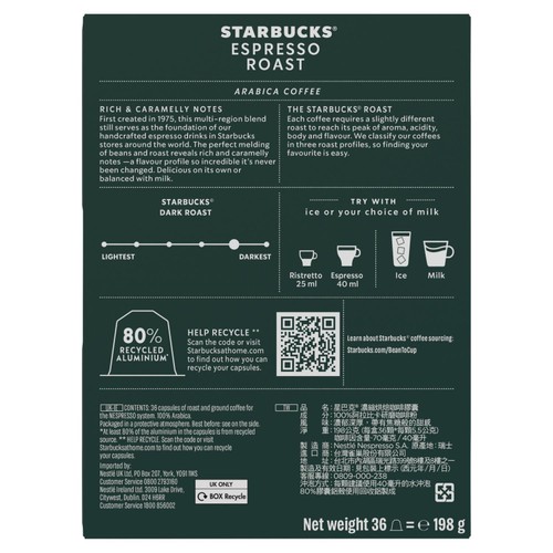 Starbucks By Nespresso Dark Espresso Roast Coffee 36 Pods 198G