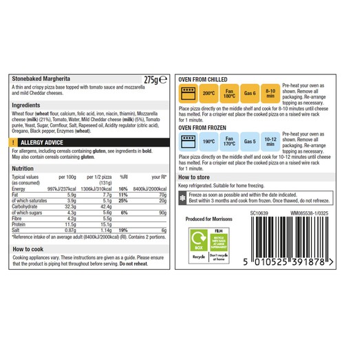 Morrisons Stonebaked Cheese & Tomato Pizza 275g