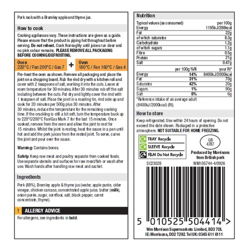Morrisons The Best 3 Bone Pork Rack With Finishing Jus 1kg