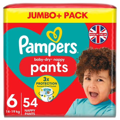 Pampers Baby-Dry Nappy Pants Size 6, 54 Nappies, 14kg - 19kg, Jumbo+ Pack