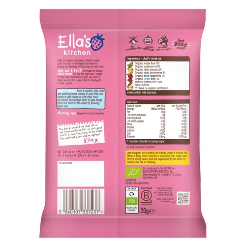 Ella's Kitchen Strawberry and Banana Melty Puffs Baby Snack 6+ Months 