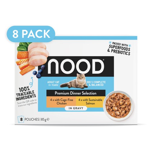 Nood Cat Premium Dinner Selection With Chicken & Salmon In Gravy 8x85g