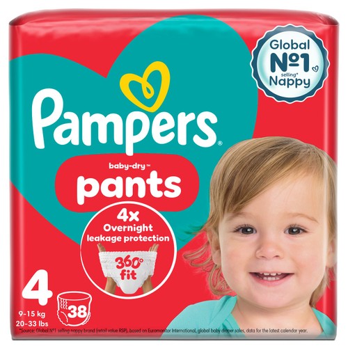 Pampers Baby-Dry Nappy Pants Size 4, 38 Nappies, 9kg-15kg, Essential Pack