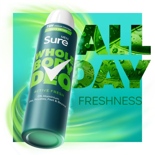Sure Men Active Fresh Whole Body Deodorant Spray 72h Odour Control   150ml