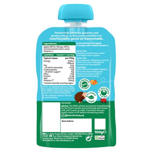 Heinz Apple & Mango Puree Baby Food Fruit Pouch 6+ Months