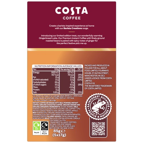 Costa Gingerbread Latte Sachets 5 X 17G