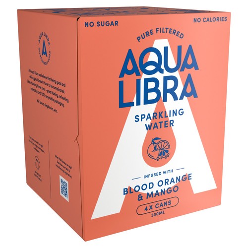 Aqua Libra Sparkling Water Infused with Blood Orange & Mango 4 x 330ml