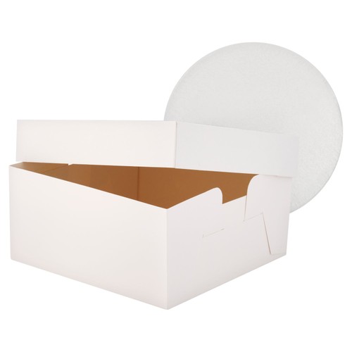 Morrisons round 10 cake drum 12mm thick with a white square 12 box