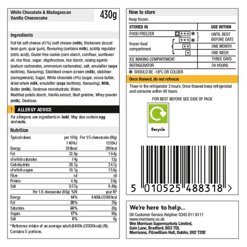 Morrisons The Best Gluten Free Vanilla Cheesecake 430g