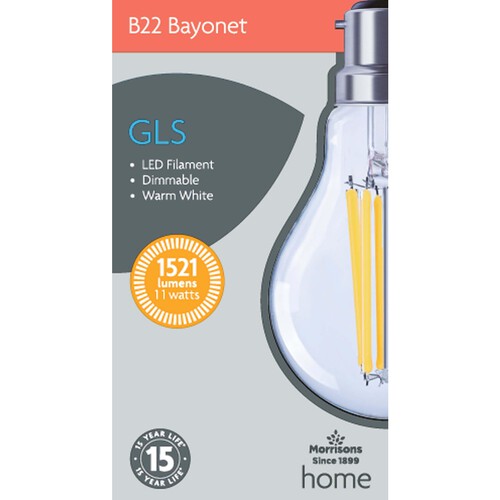 Morrisons LED Filament Gls 1521 Lumens Bc 11W Dimmable Light Bulb