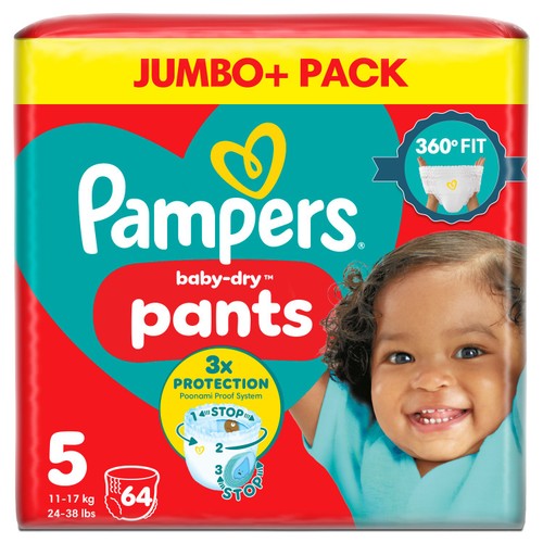 Pampers Baby-Dry Nappy Pants Size 5, 64 Nappies 12kg - 17kg Jumbo+ Pack