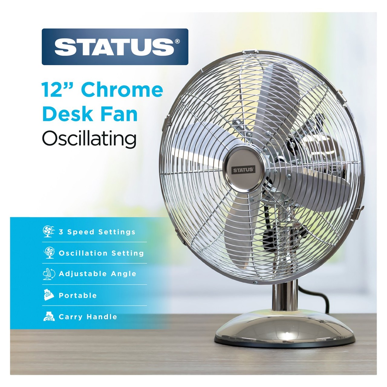 Status 12 Inch Oscillating Chrome Desk Fan