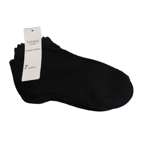 Nutmeg Ladies Size 3-5 7 Pack Black Trainer Liner Socks