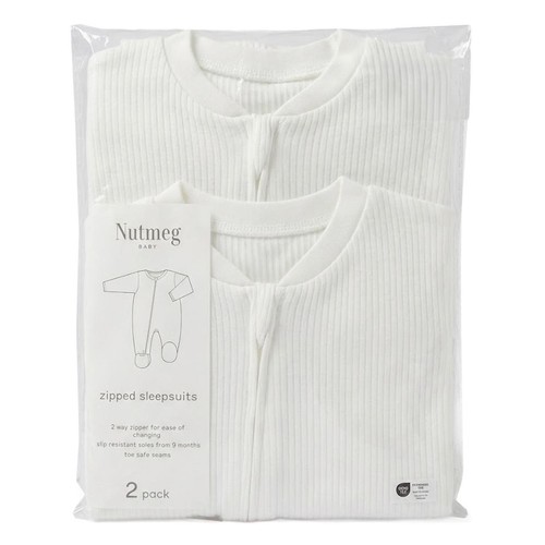 Nutmeg White Zipped Sleepsuits 2 Pack Tiny Baby