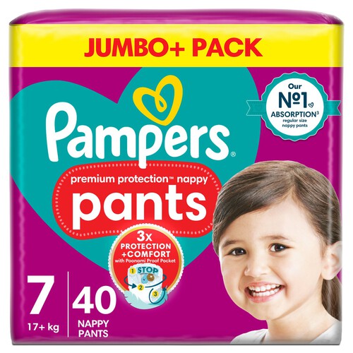 Pampers Premium Protection Nappy Pants Size 7, 40 Nappies Jumbo+ Pack