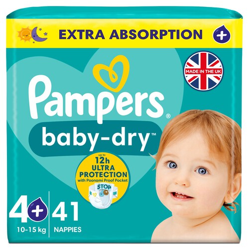 Pampers Baby-Dry Size 4+, 41 Nappies, 10kg-15kg, Essential Pack