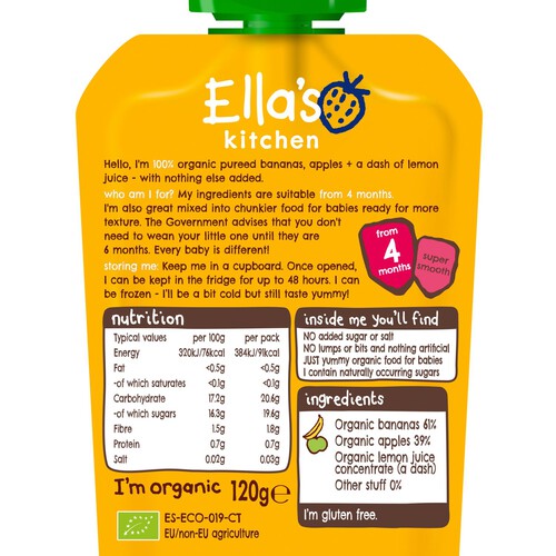 Ella's Kitchen Organic Bananas and Apples Baby Food Pouch 4+ Months