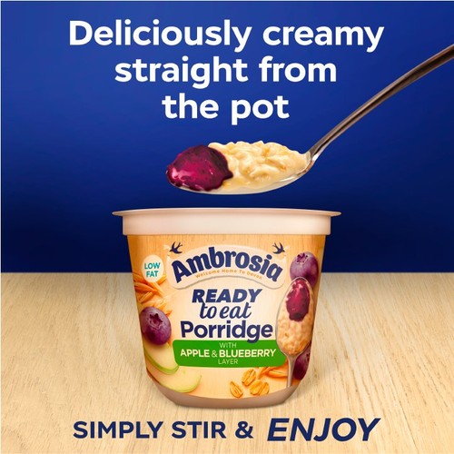Ambrosia Ready to Eat Porridge Oat Cereal Pot Apple & Blueberry Layer  210g