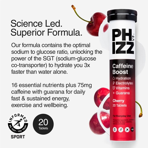 Phizz Cherry Caffeine 3in1 Hydration Electrolytes Vitamins Effervescent 20s