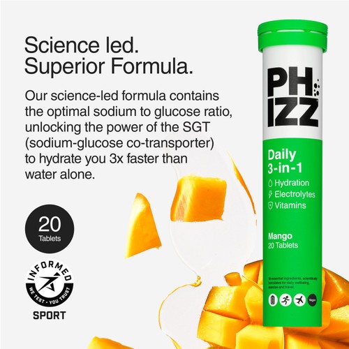 Phizz Mango 3-In-1 Hydration 20 Effervescent Tablets