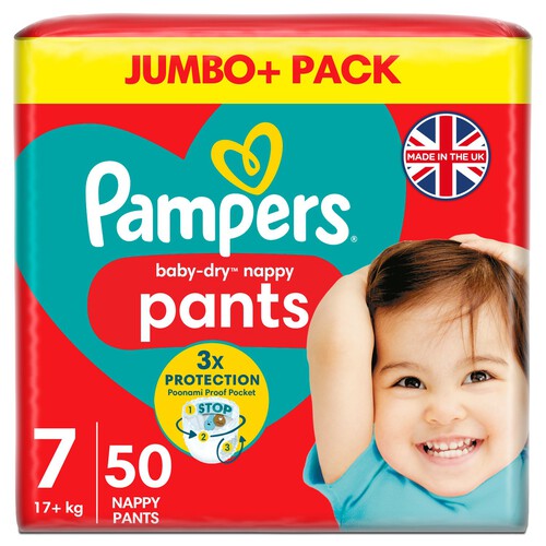 Pampers Baby-Dry Nappy Pants Size 7, 50 Nappies, 17kg+, Jumbo+ Pack