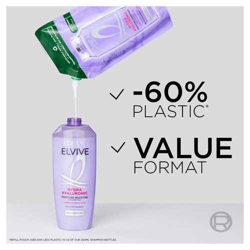 L'Oreal Elvive Hydra Hyaluronic Shampoo Refill Pouch   500ml