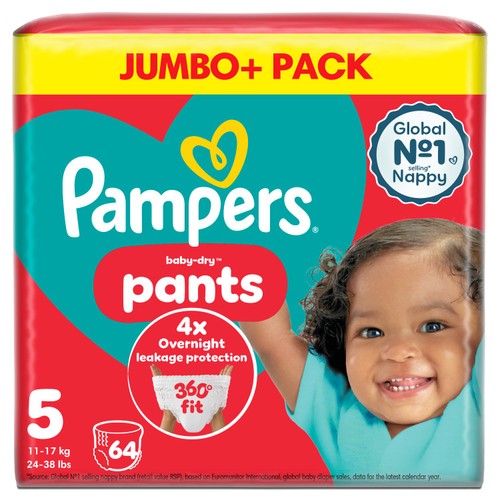 Pampers Baby-Dry Nappy Pants Size 5, 64 Nappies 12kg - 17kg Jumbo+ Pack