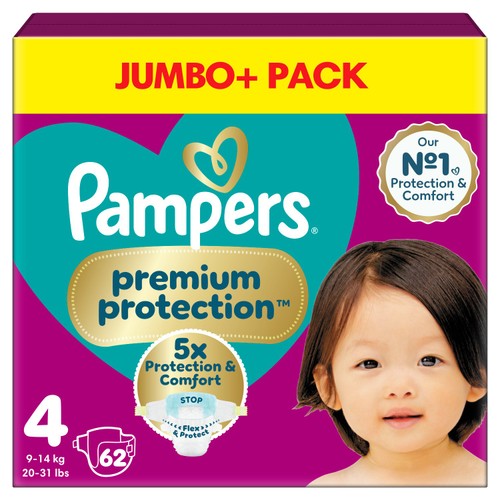 Pampers Premium Protection 62 Nappies Taped Size 4 Maxi Jumbo+Pack 