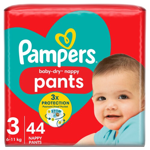 Pampers Baby-Dry Nappy Pants Size 3, 44 Nappies, 6kg - 11kg, Essential Pack